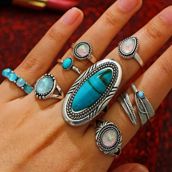 🆕8 pc/set Boho silver turquoise/opal rings - Picture 2 of 4